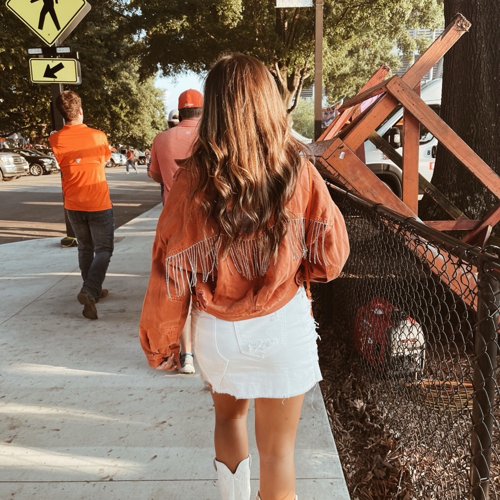 Veveret Orange Distressed Cropped Rhinestone Jacket